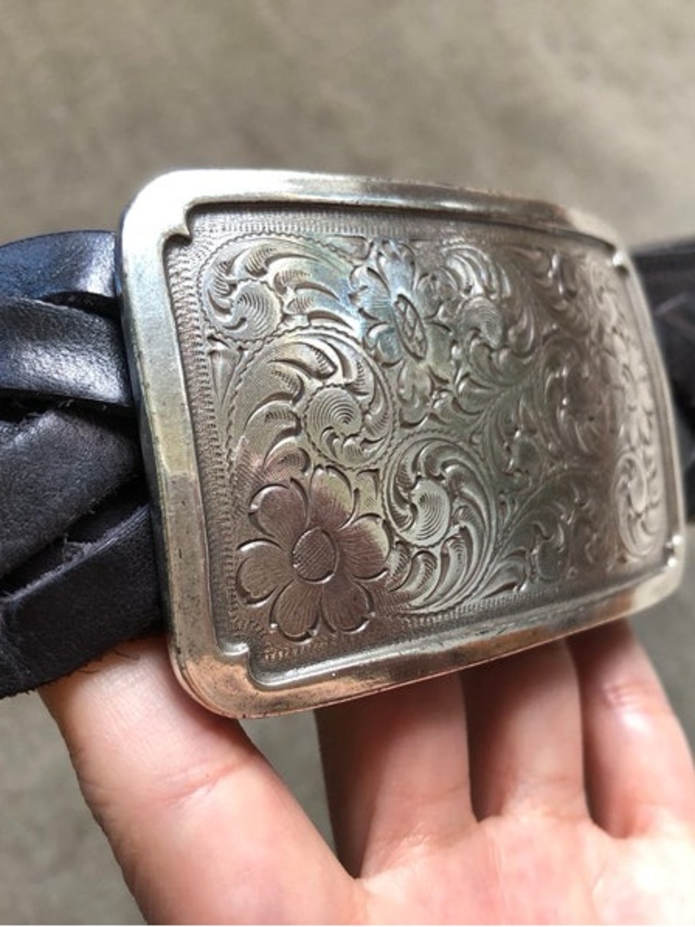 90s Y2K Braided Woven Brown Leather Chunky Belt w/ Silver Floral Engraved Buckle